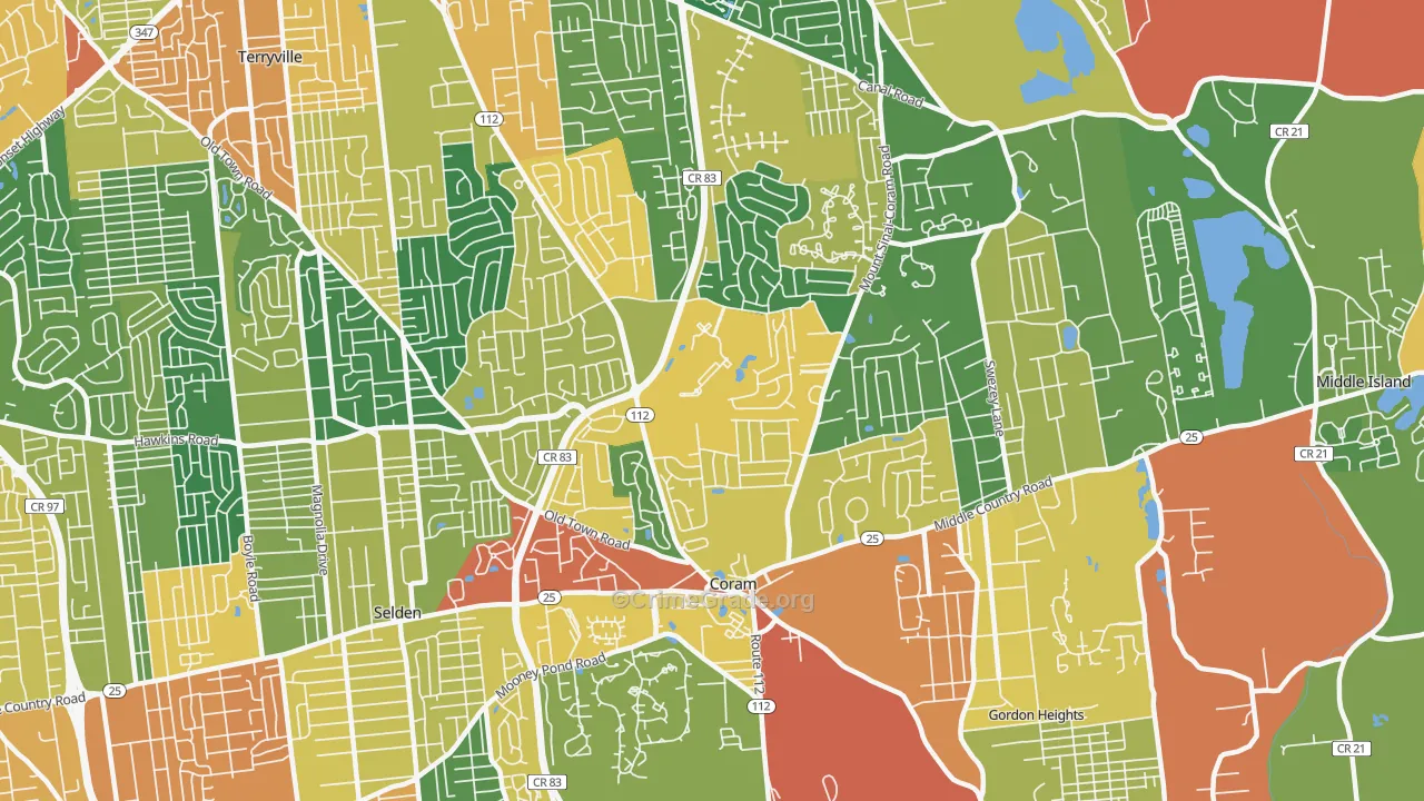 Coram, NY Map of Burglary Rates