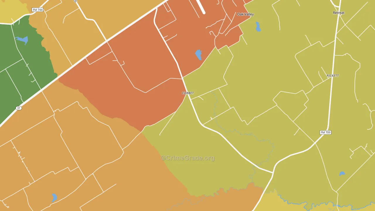 Corbet, TX Map of Burglary Rates