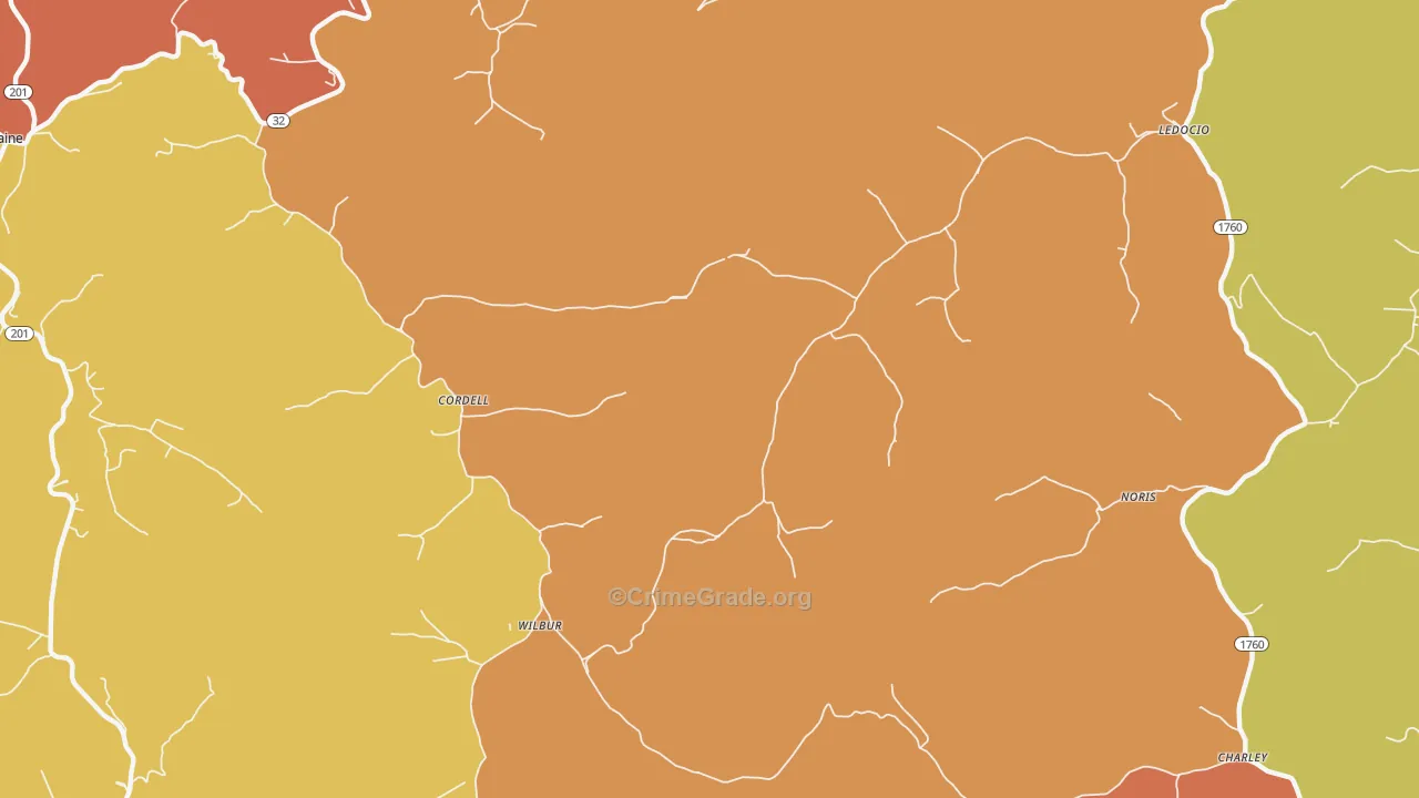 Cordell, KY Map of Burglary Rates
