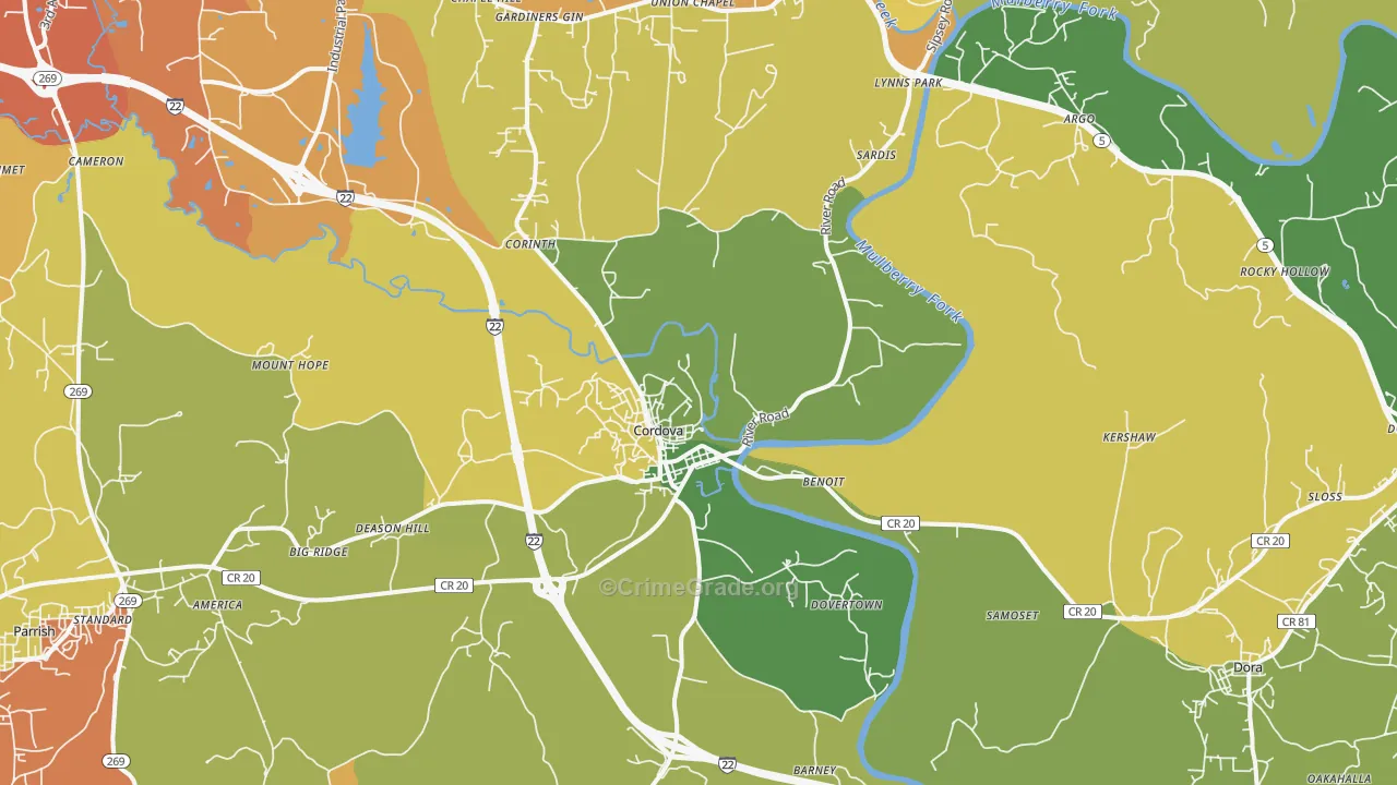 Cordova, AL Map of Burglary Rates