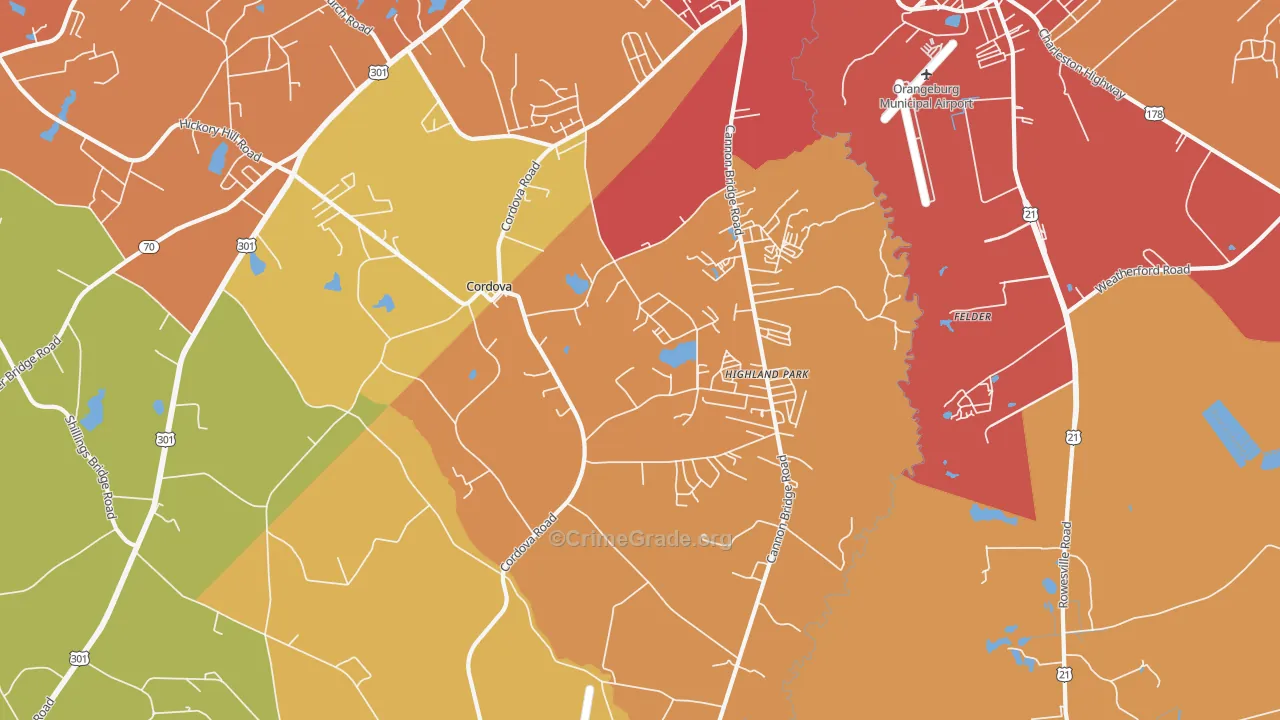 Cordova, SC Map of Burglary Rates