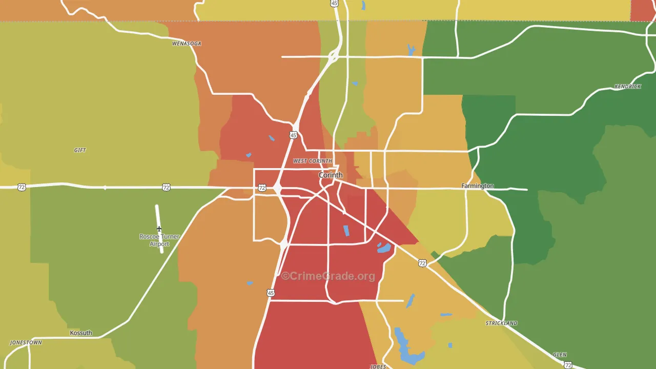 Corinth, MS Map of Burglary Rates