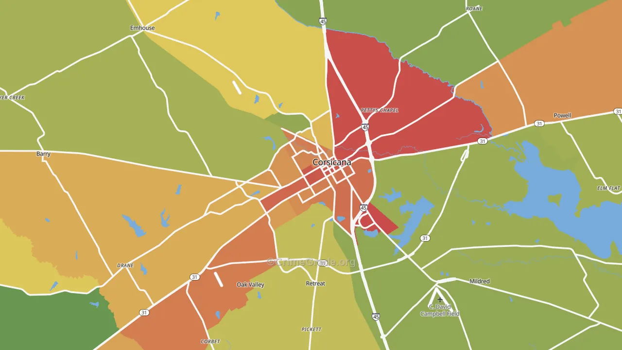 Corsicana, TX Map of Burglary Rates