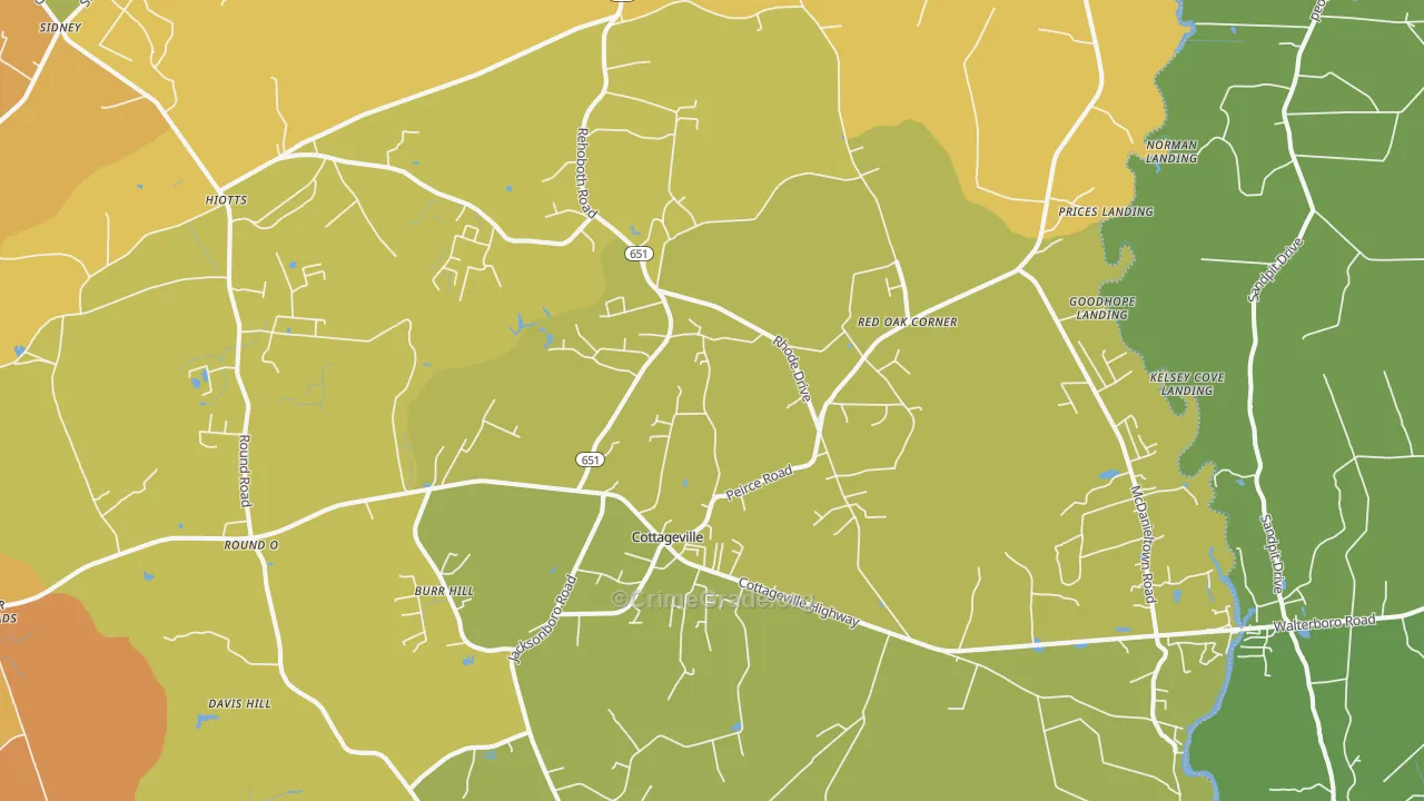 Cottageville, SC Map of Burglary Rates