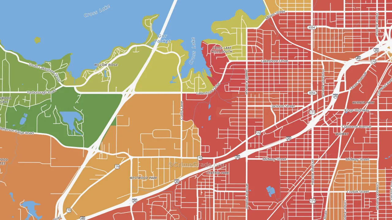 Country Club Hills Lakeshore Shops, Shreveport, LA Map of Burglary Rates