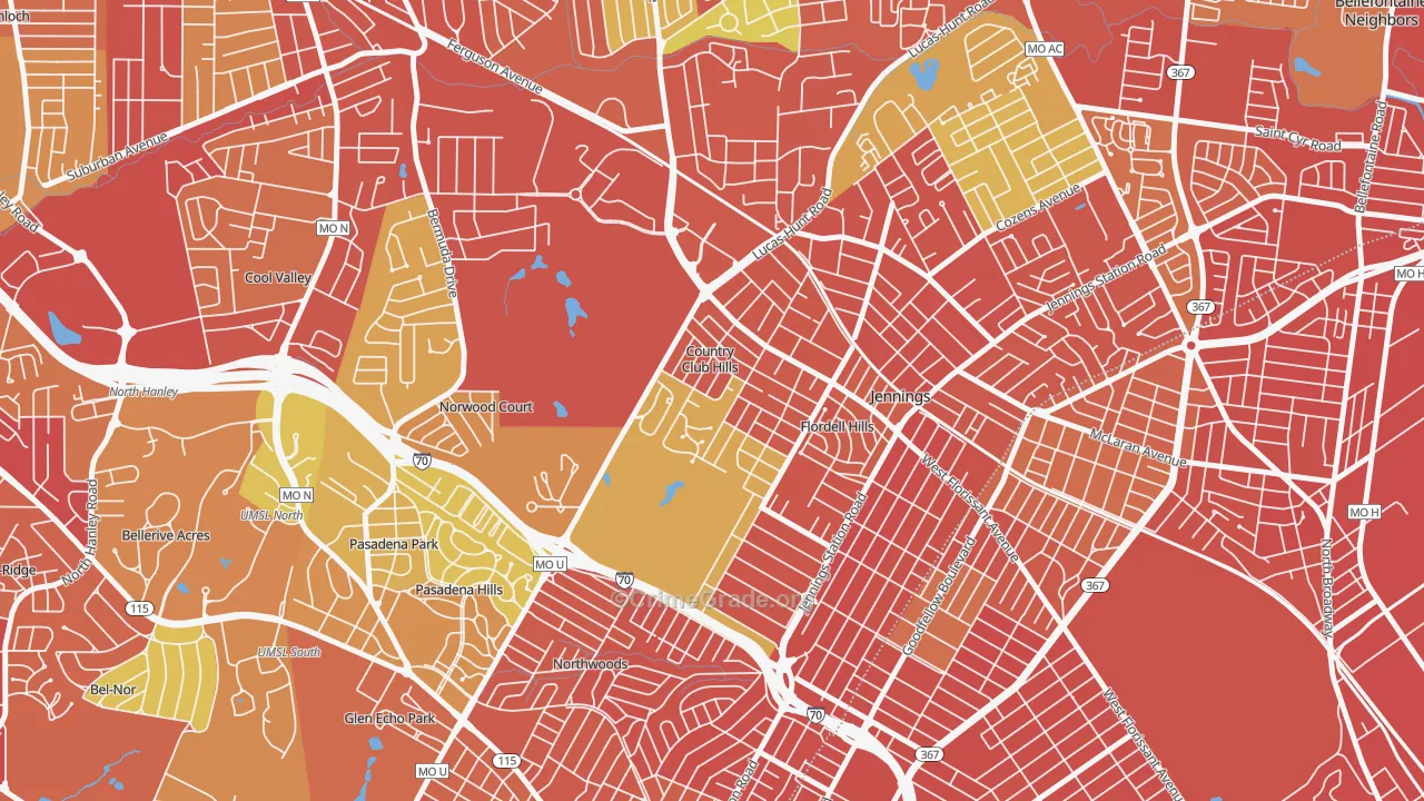 Country Club Hills, MO Map of Burglary Rates