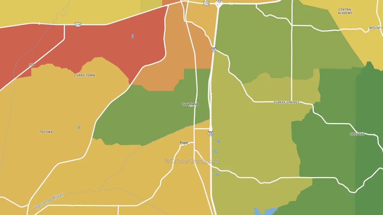 Courtland, MS Map of Burglary Rates