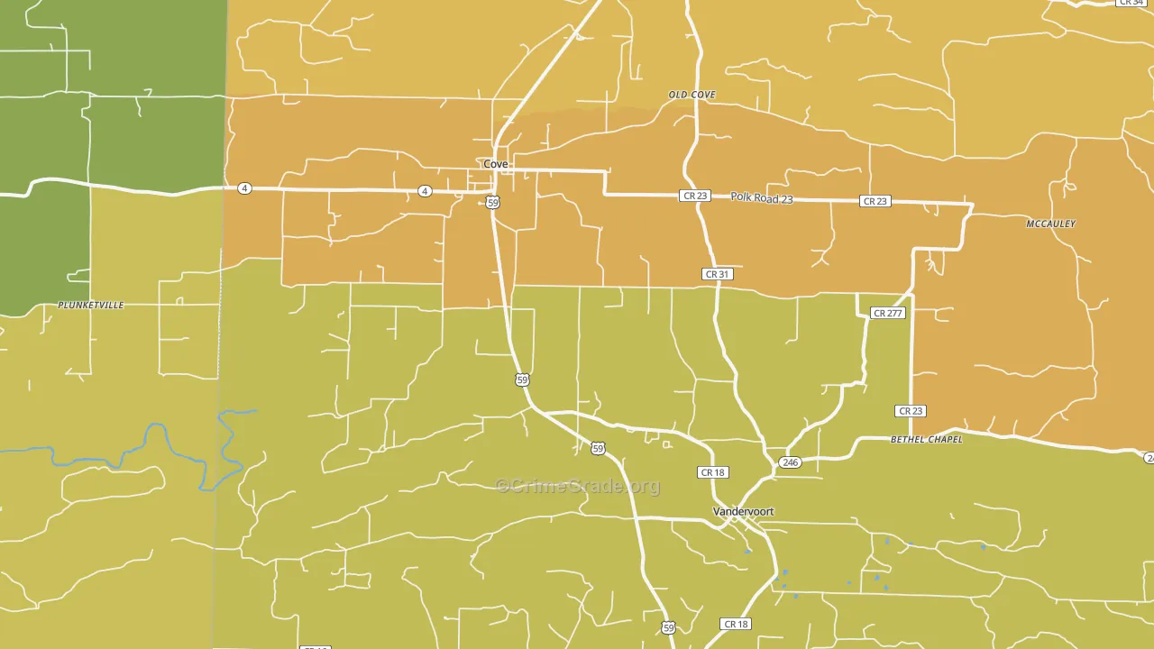 Cove, AR Map of Burglary Rates