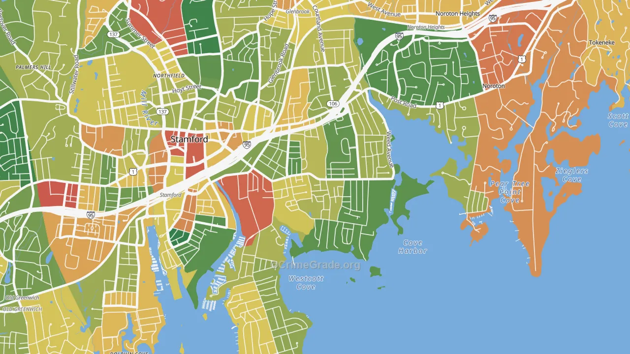 Cove-East Side, Stamford, CT Map of Burglary Rates