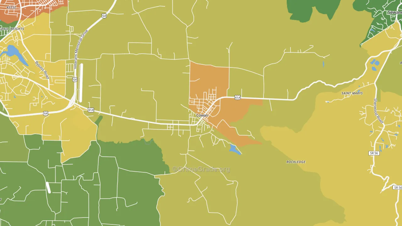 Cowan, TN Map of Burglary Rates