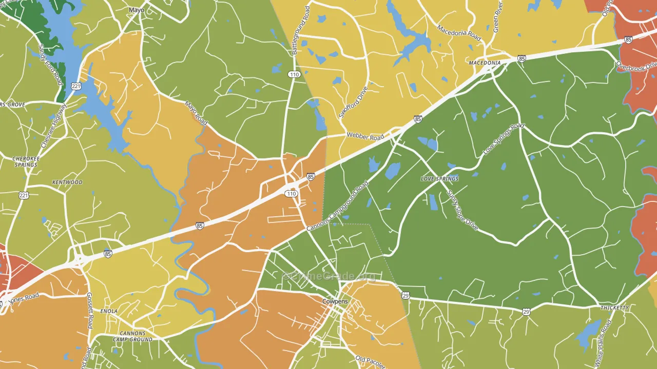 Cowpens, SC Map of Burglary Rates