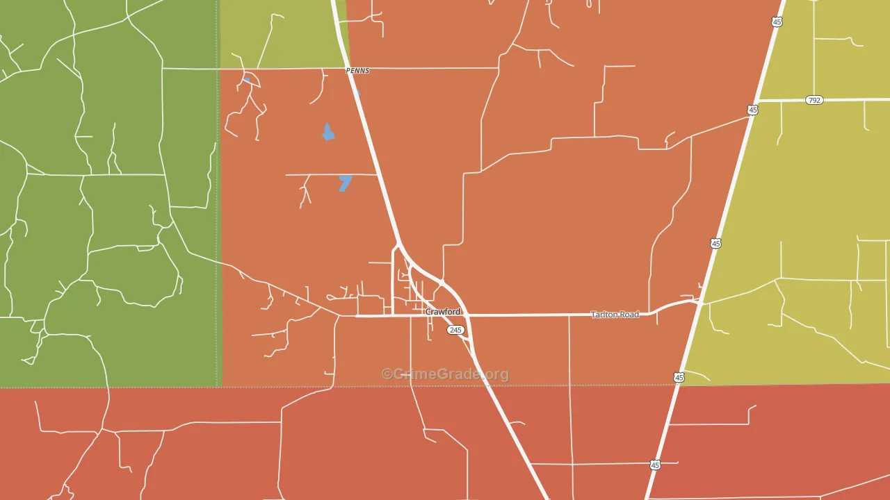 Crawford, MS Map of Burglary Rates