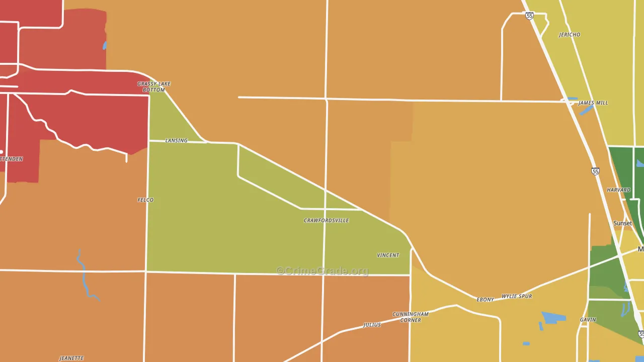 Crawfordsville, AR Map of Burglary Rates