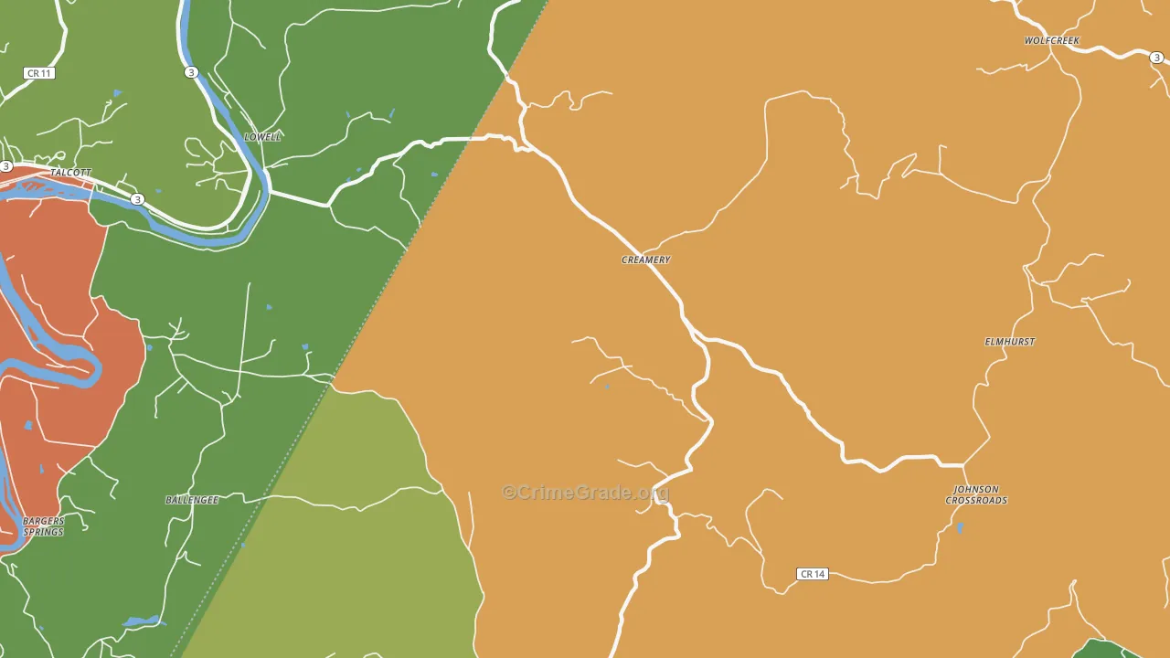 Creamery, WV Map of Burglary Rates