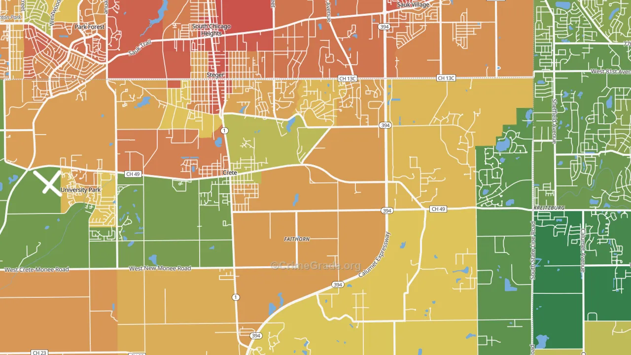 Crete, IL Map of Burglary Rates