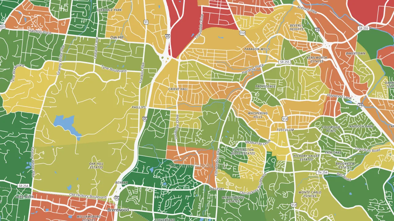 Crieve Hall, Nashville, TN Map of Burglary Rates