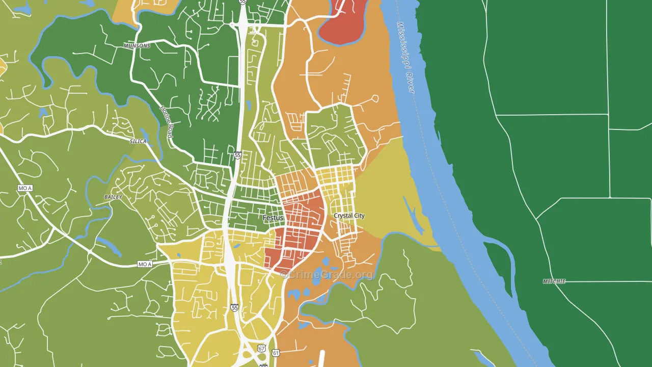 Crystal City, MO Map of Burglary Rates