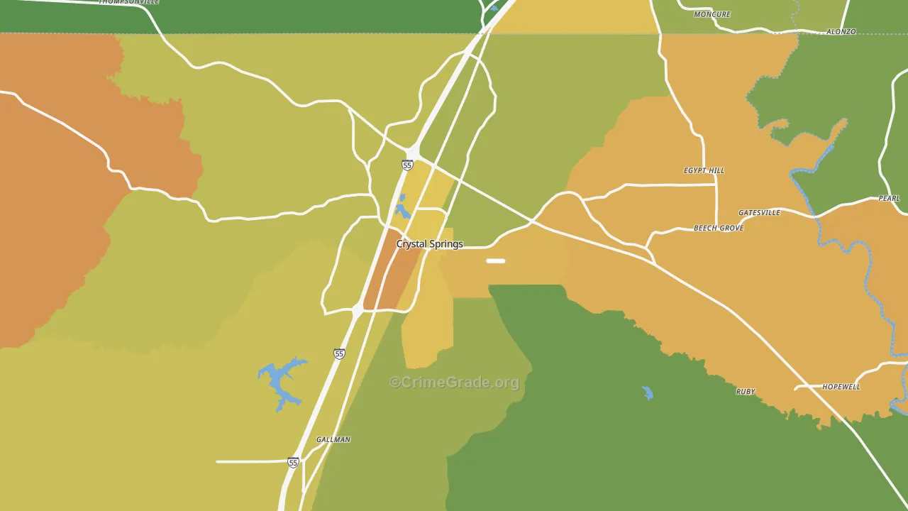 Crystal Springs, MS Map of Burglary Rates