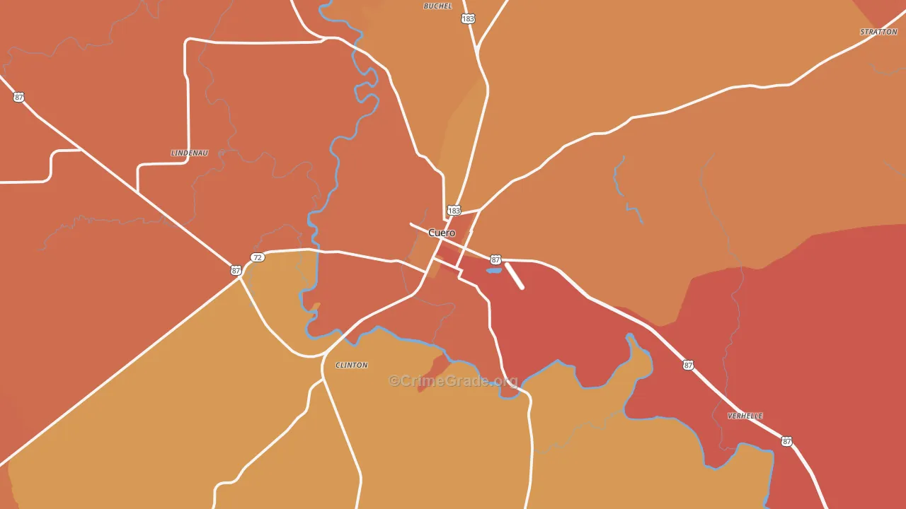 Cuero, TX Map of Burglary Rates