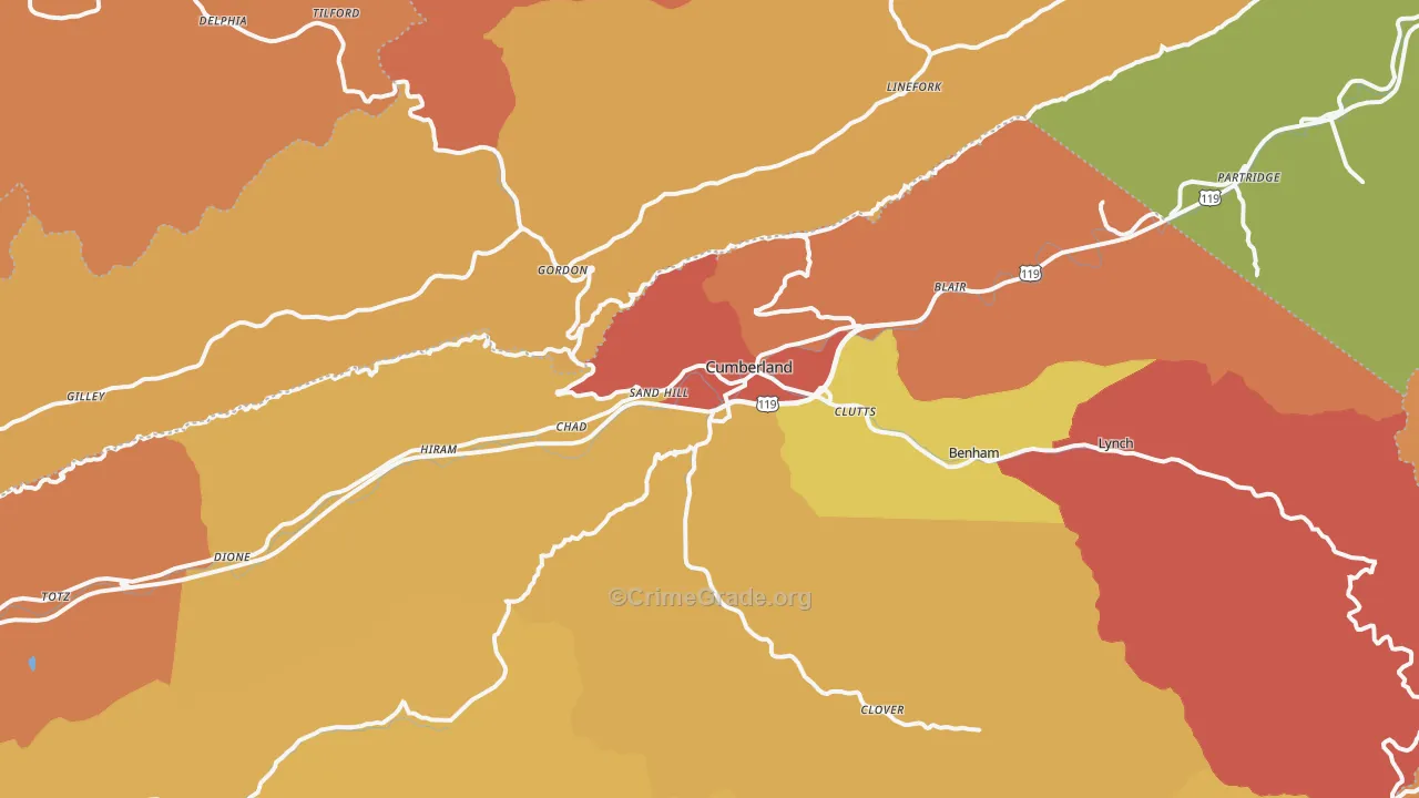 Cumberland, KY Map of Burglary Rates