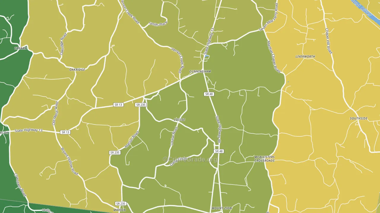 Cunningham, TN Map of Burglary Rates
