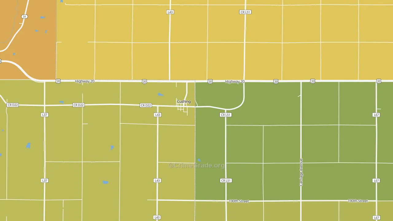 Cushing, IA Map of Burglary Rates