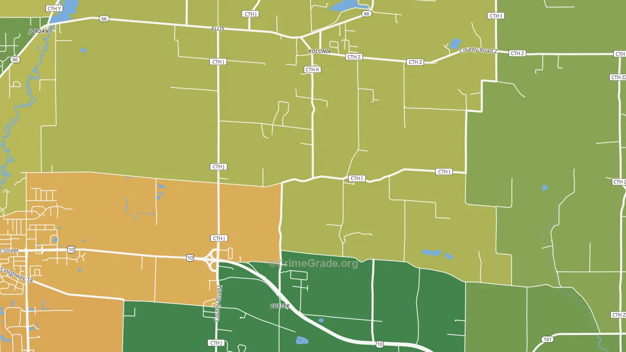 Custer, WI Map of Burglary Rates