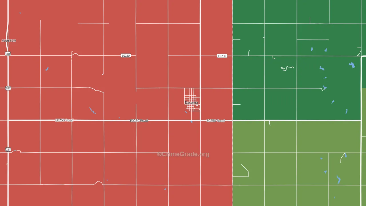 Dacoma, OK Map of Burglary Rates