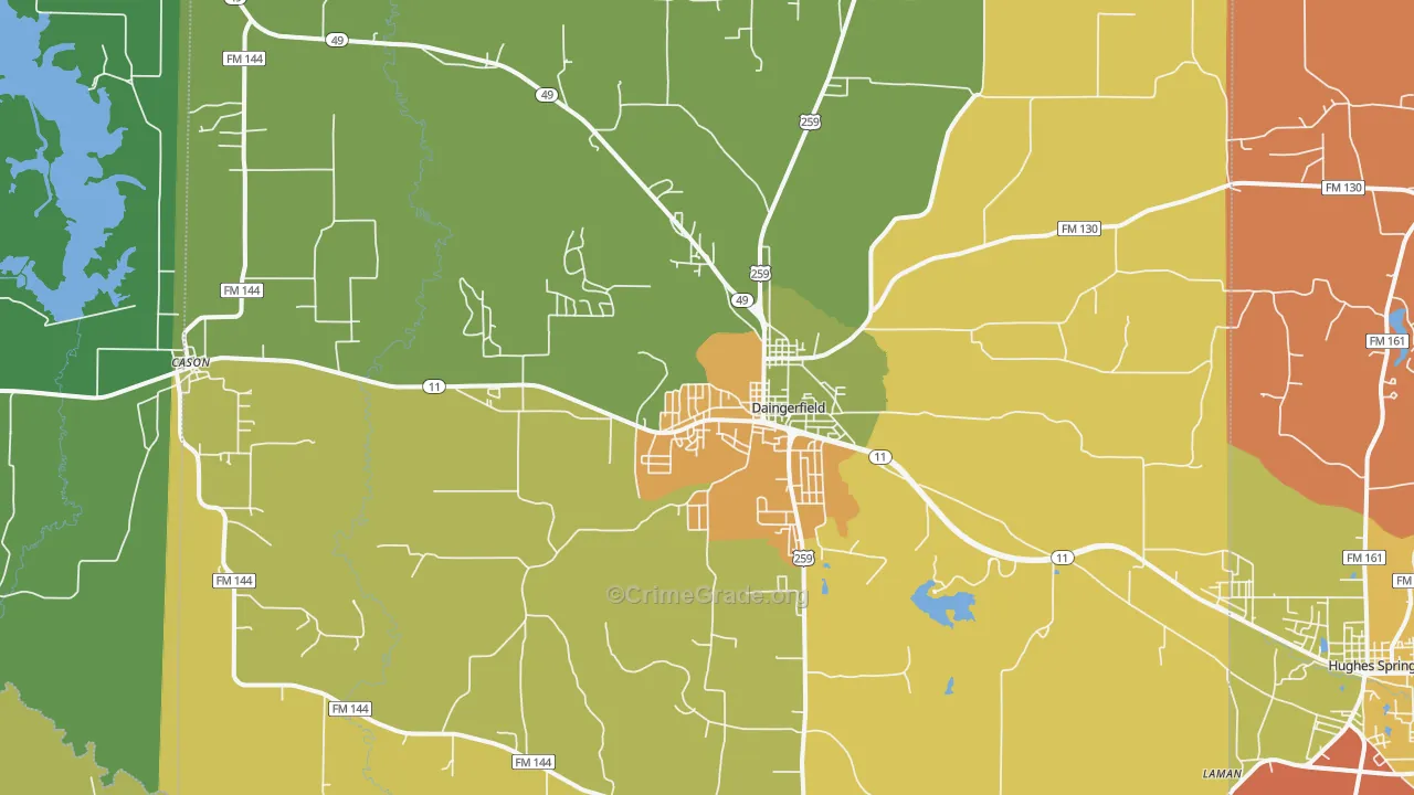 Daingerfield, TX Map of Burglary Rates