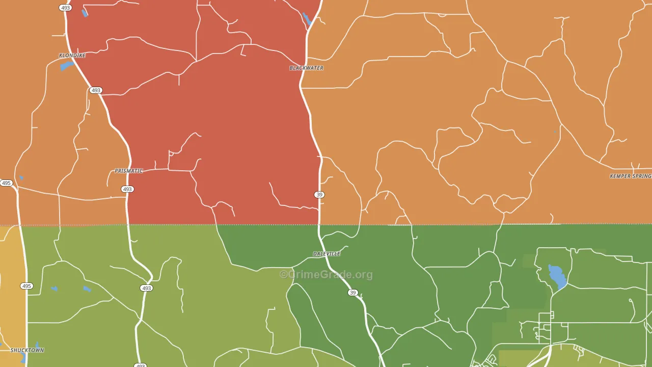 Daleville, MS Map of Burglary Rates