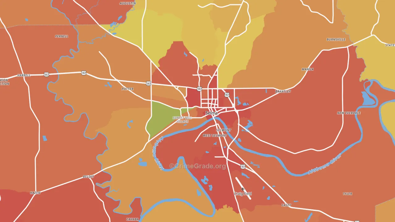Dallas County, AL Map of Burglary Rates
