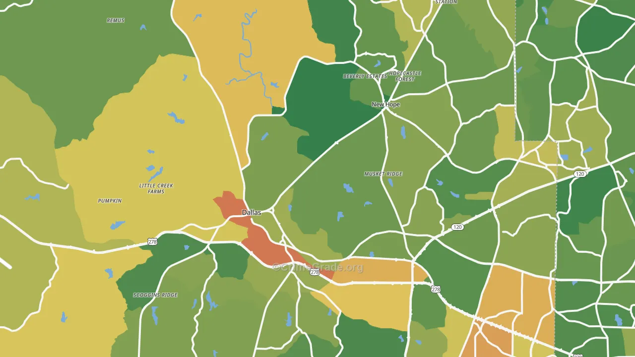 Dallas, GA Map of Burglary Rates