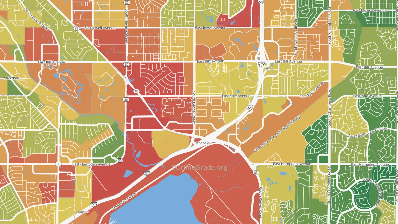 Dam East-West, Aurora, CO Map of Burglary Rates
