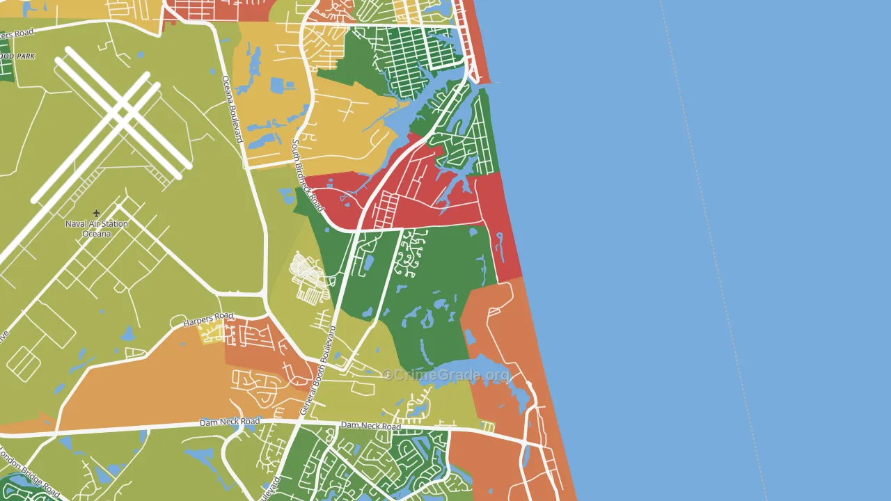 Dam Neck Naval Air Station, Virginia Beach, VA Map of Burglary Rates