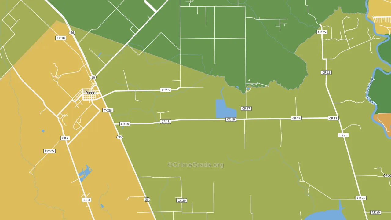 Damon, TX Map of Burglary Rates