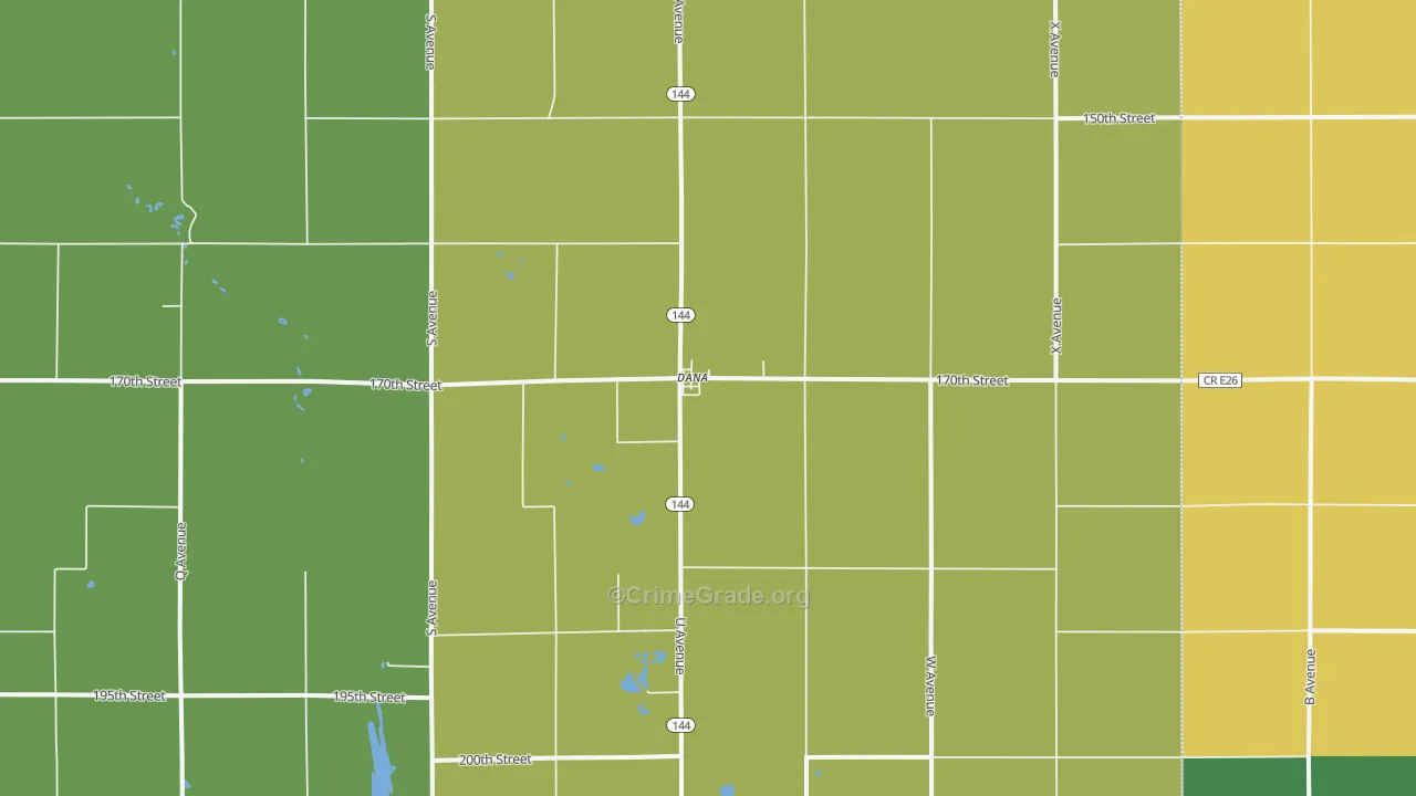Dana, IA Map of Burglary Rates