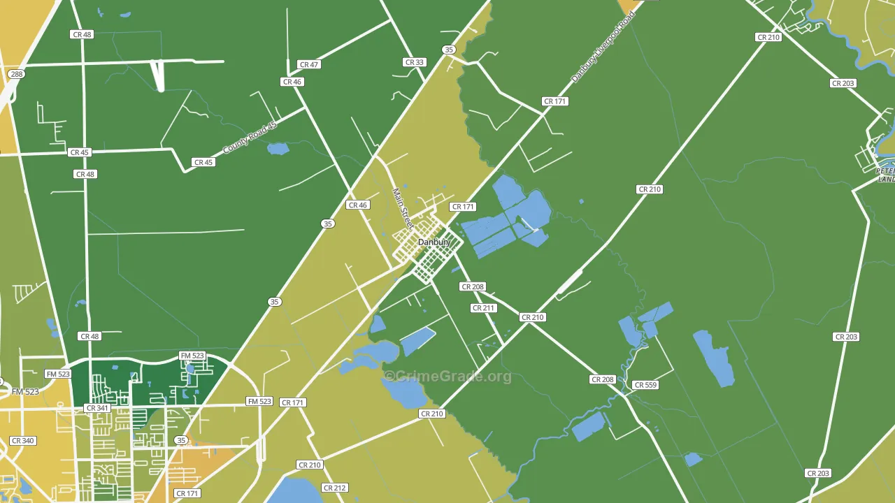 Danbury, TX Map of Burglary Rates