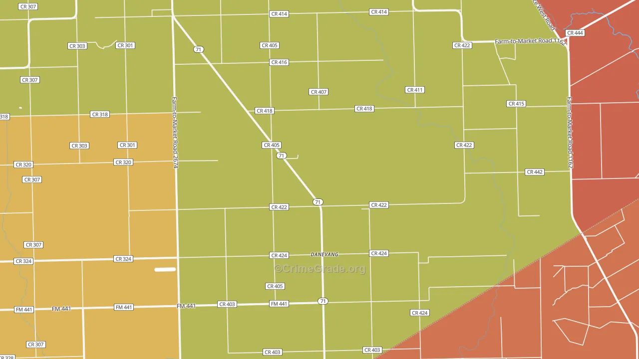 Danevang, TX Map of Burglary Rates