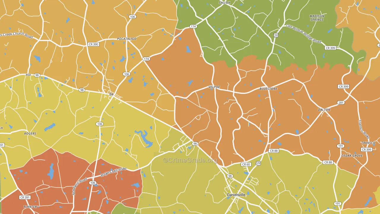 Danielsville, GA Map of Burglary Rates