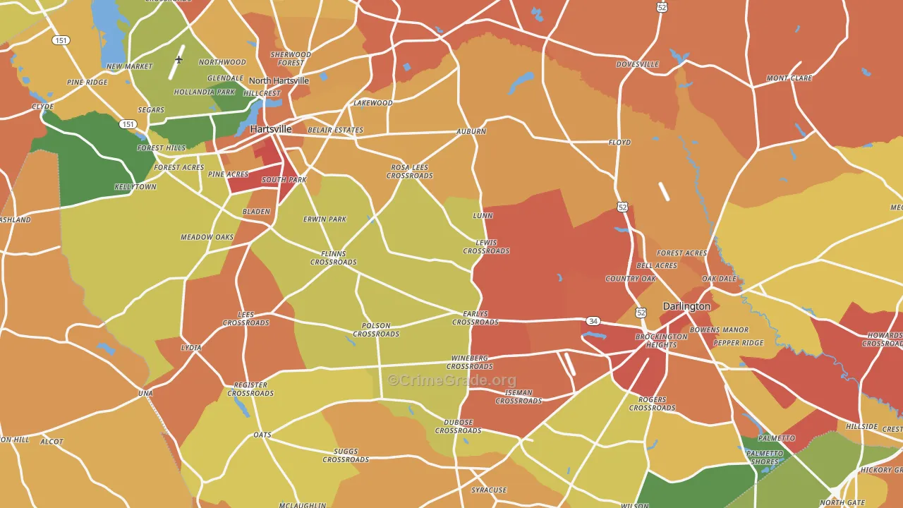 Darlington County, SC Map of Burglary Rates