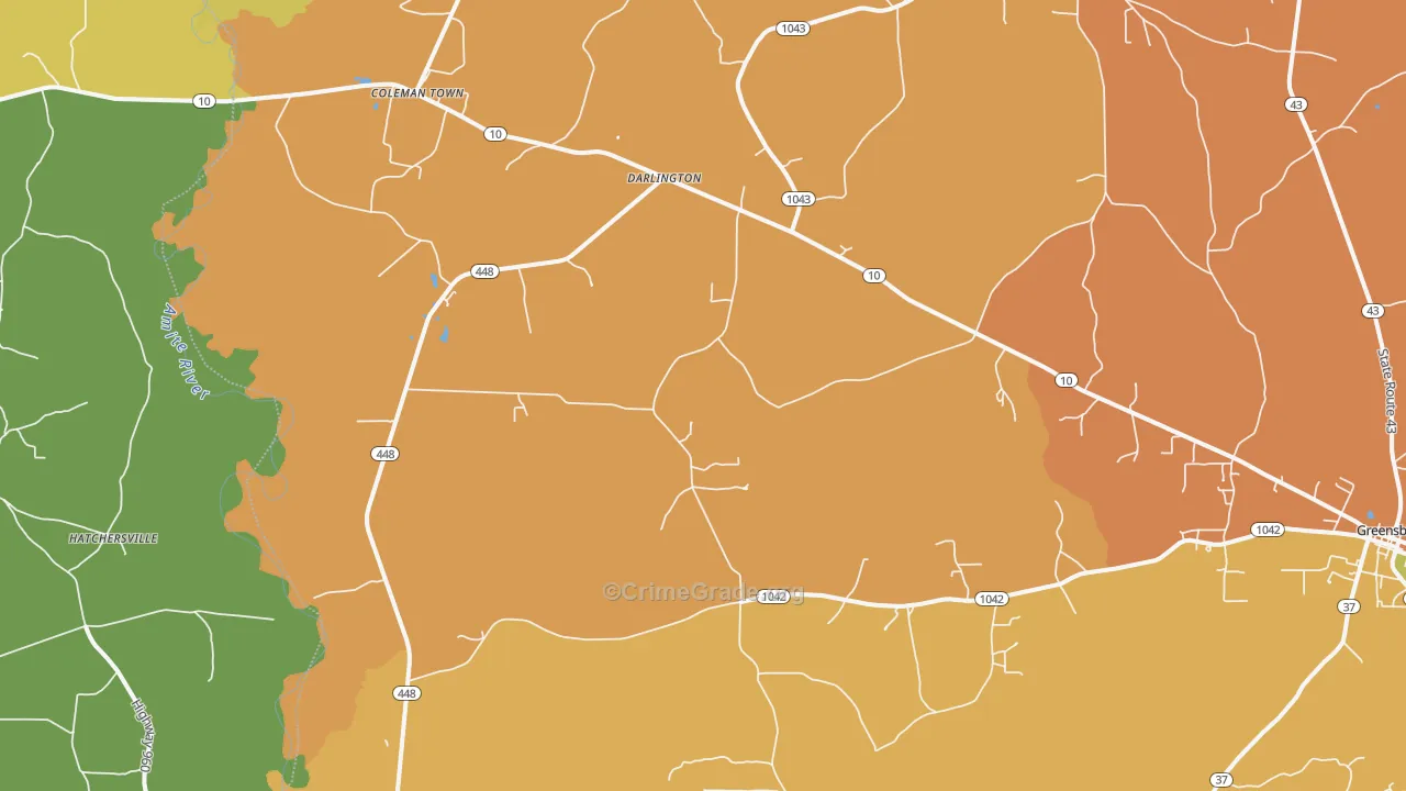 Darlington, LA Map of Burglary Rates