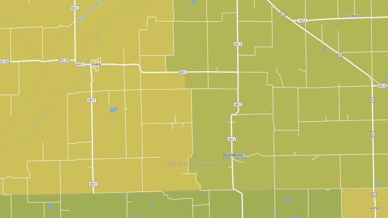 Dawn, MO Map of Burglary Rates