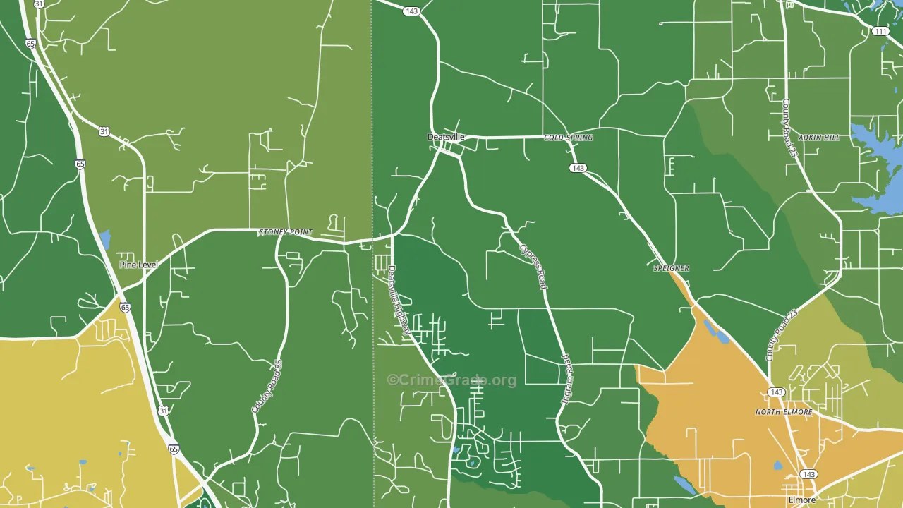 Deatsville, AL Map of Burglary Rates
