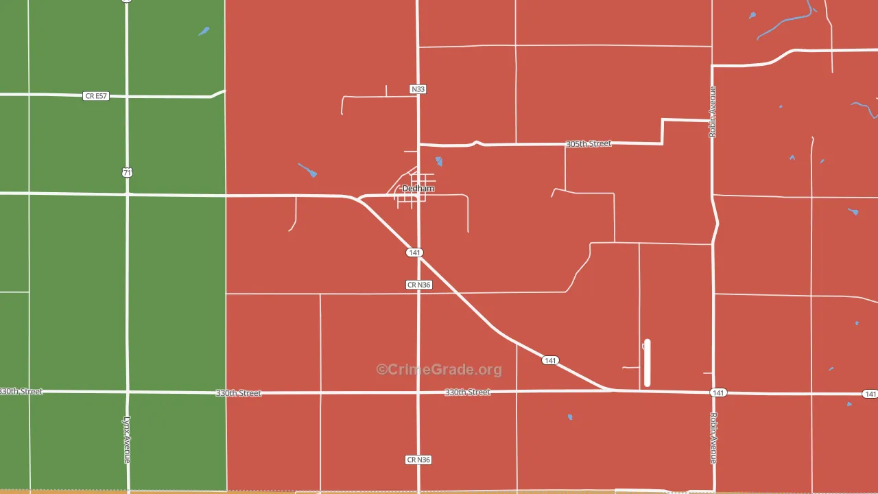 Dedham, IA Map of Burglary Rates