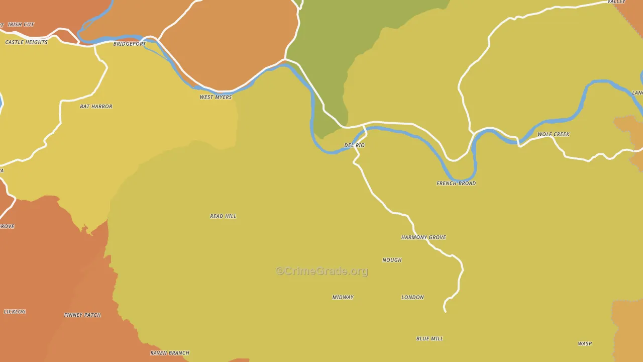 Del Rio, TN Map of Burglary Rates