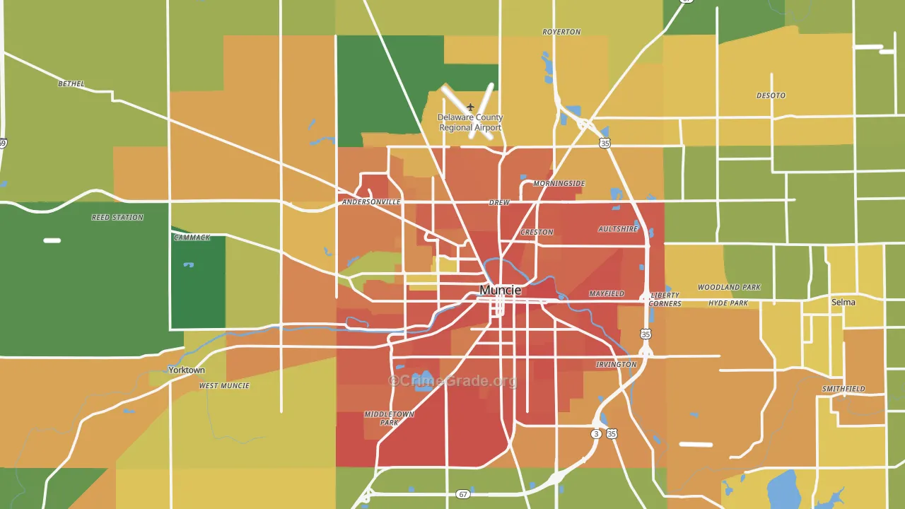 Delaware County, IN Map of Burglary Rates
