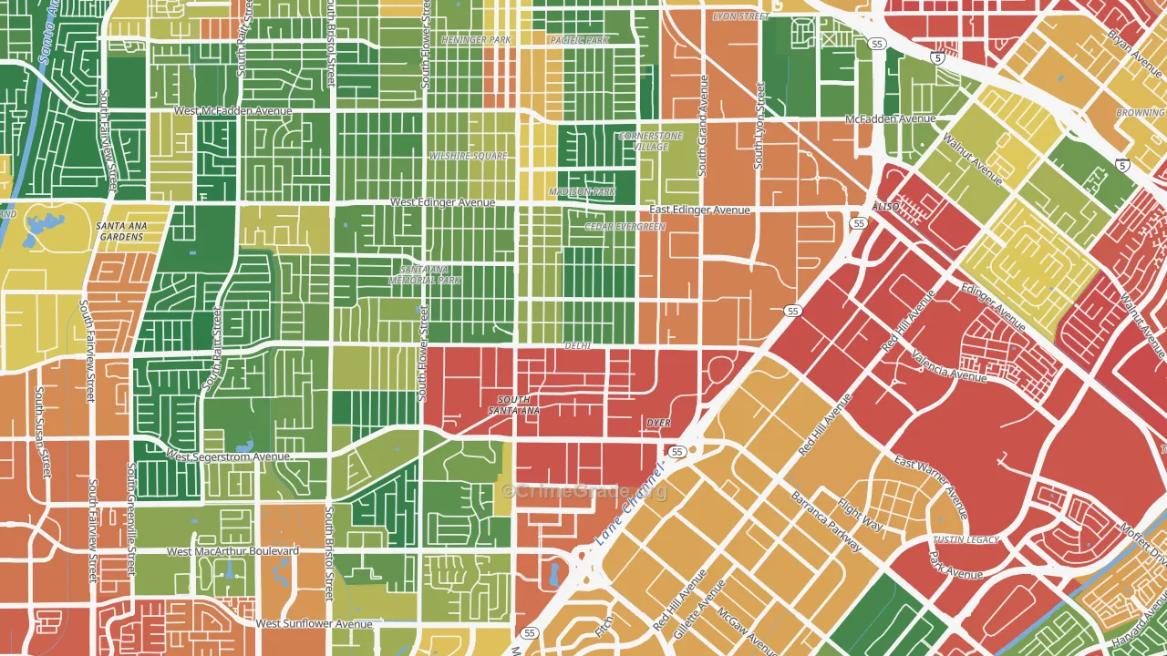 Delhi, Santa Ana, CA Map of Burglary Rates