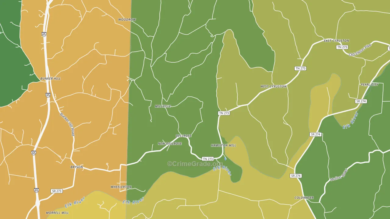 Dellrose, TN Map of Burglary Rates