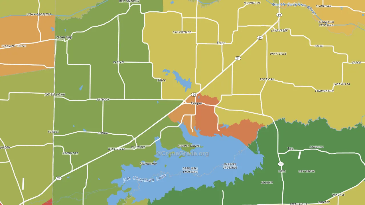 Delta County, TX Map of Burglary Rates