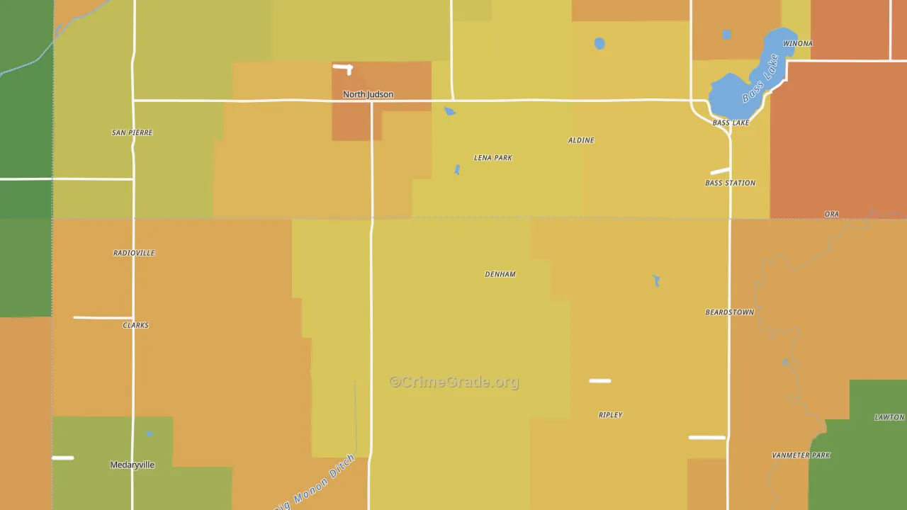 Denham, IN Map of Burglary Rates